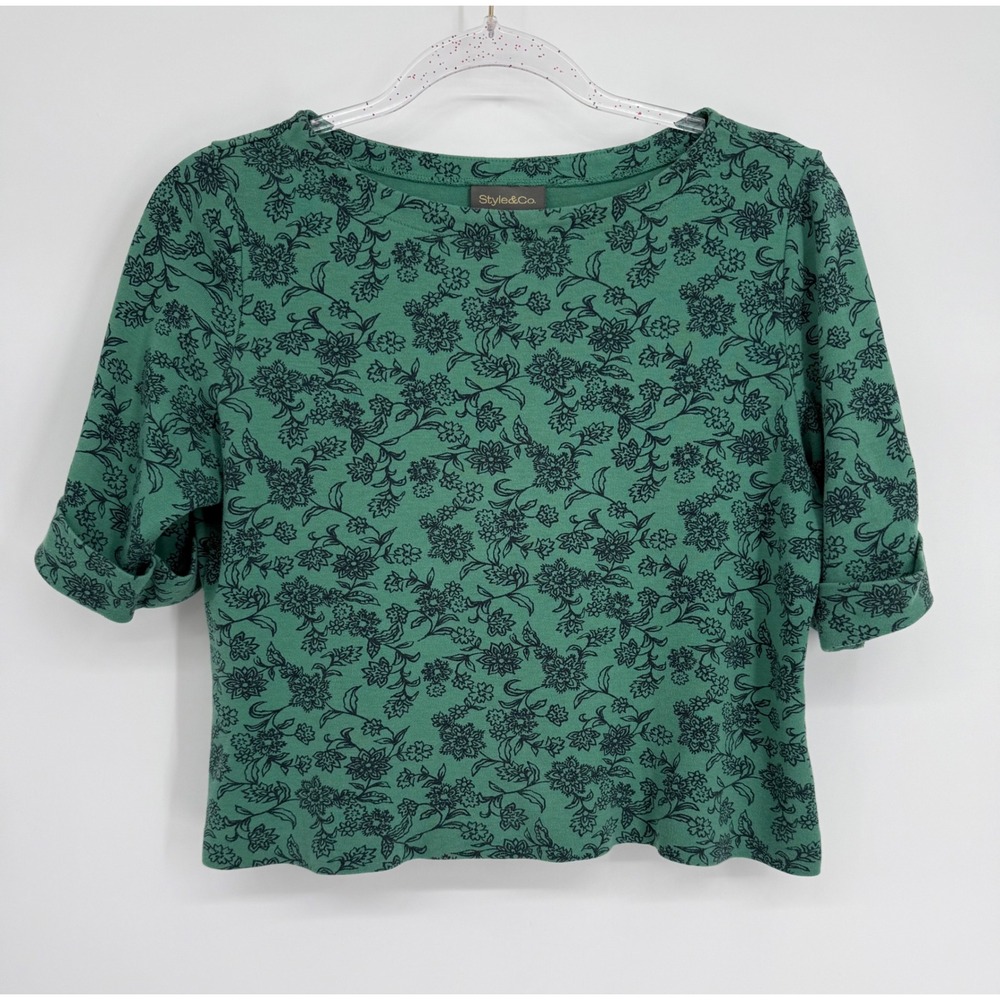 Style & Co Womens Green Floral Boat Neck Elbow Sleeve Knit Top Sz M